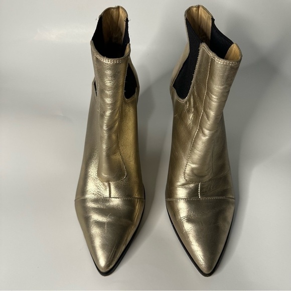 Schutz Happy Platina Gold Leather Chelsea Block Booties Pointed Toe Formal - Picture 4 of 14